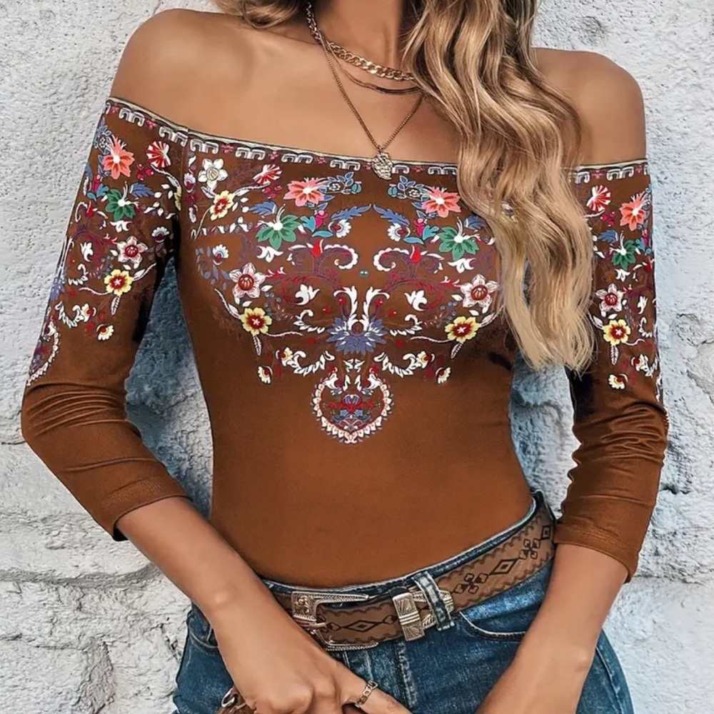 NEW| Women’s Ethnic Boho Off Shoulder Three-Quarter Sleeve Top